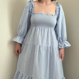 Blue Smocked Midi Sundress with Bishop Sleeves
